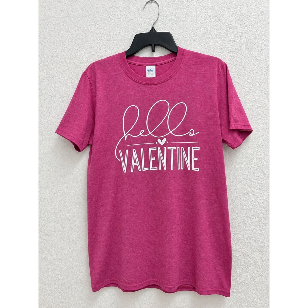 Gildan Softstyle Hello Valentine Graphic T-Shirt Magenta Pink Heathered Medium